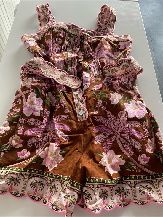 FARM Rio Pants - Farm Rio Pink Floral Palm-Print Romper - Brown & Pink. Size medium. NWT.